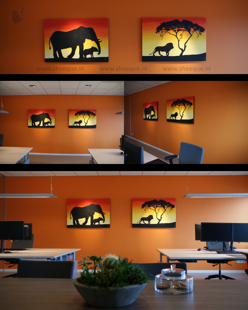 acryl schilderijen Leeuw en Olifanten op locatie